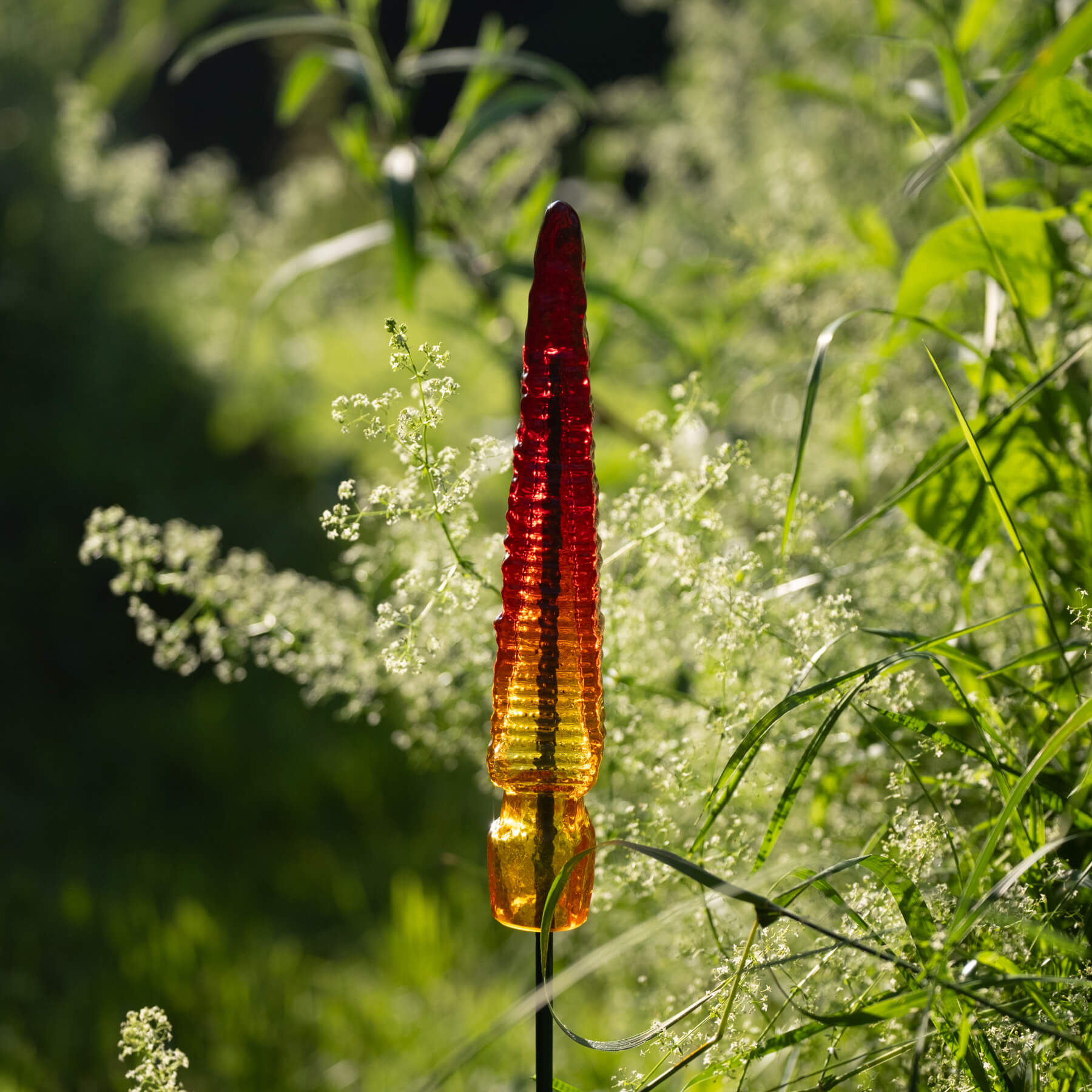 Decorative red and orange spike in a natural setting with greenery