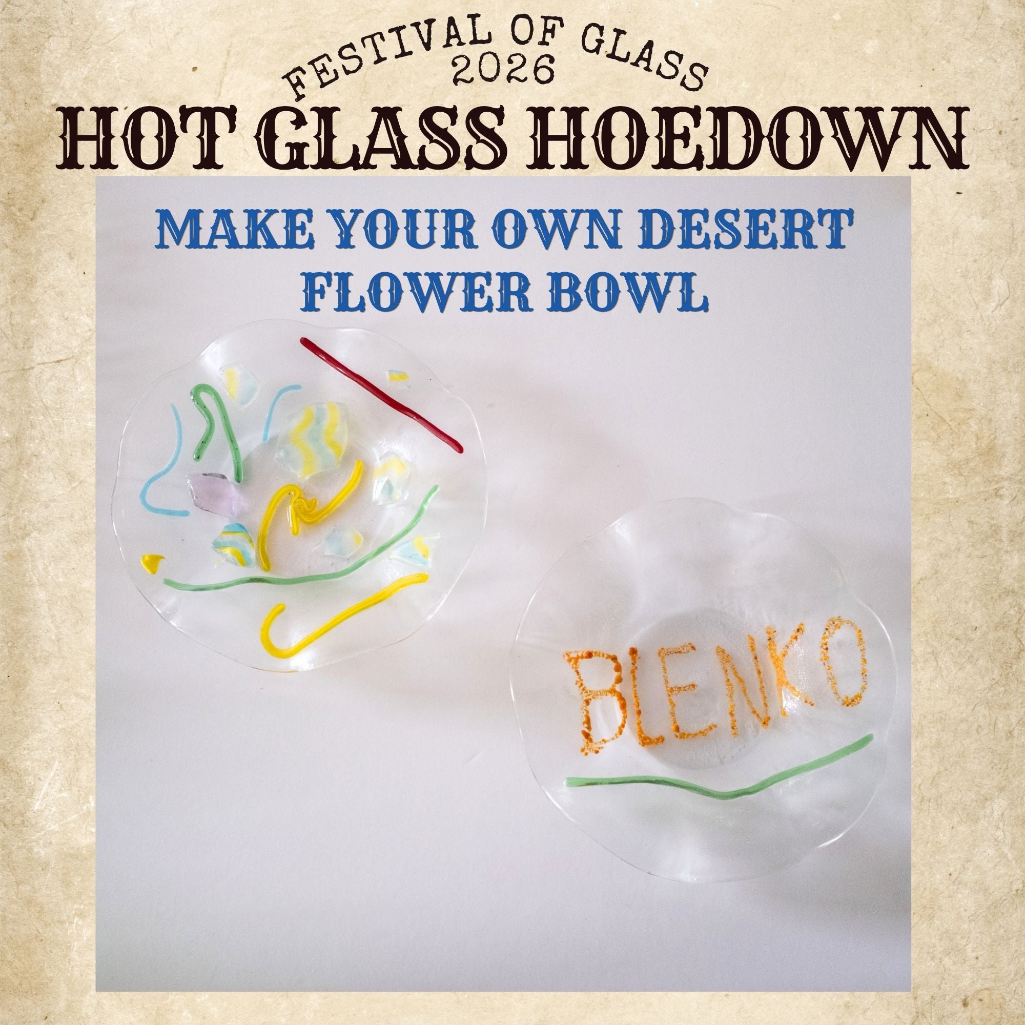 Advertisement for 'Hot Glass Hoedown' at the 'Festival of Glass 2026' with glass art pieces and 'BLENKO' branding.