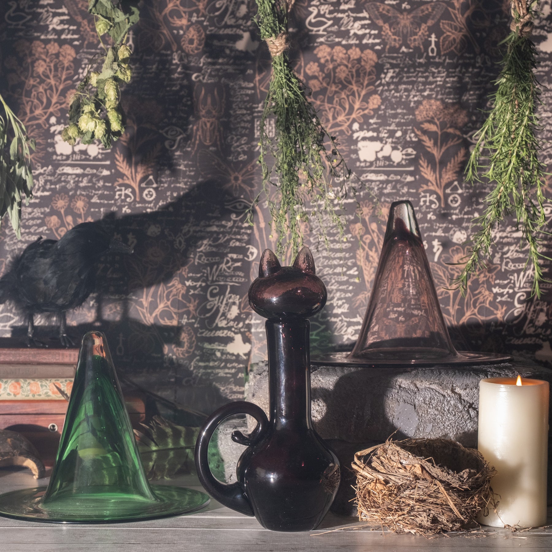 A dark, moody tabletop scene with a black cat-shaped bottle or decanter in the center, flanked by a green glass cone, a brown conical glass, a white candle, and a nest-like object. A black bird stands on books in the background against patterned wallpaper with botanical and occult-style illustrations.