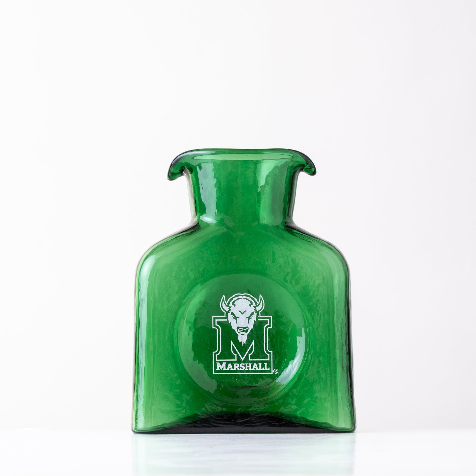 Green glass vase with Marshall University logo on a white background