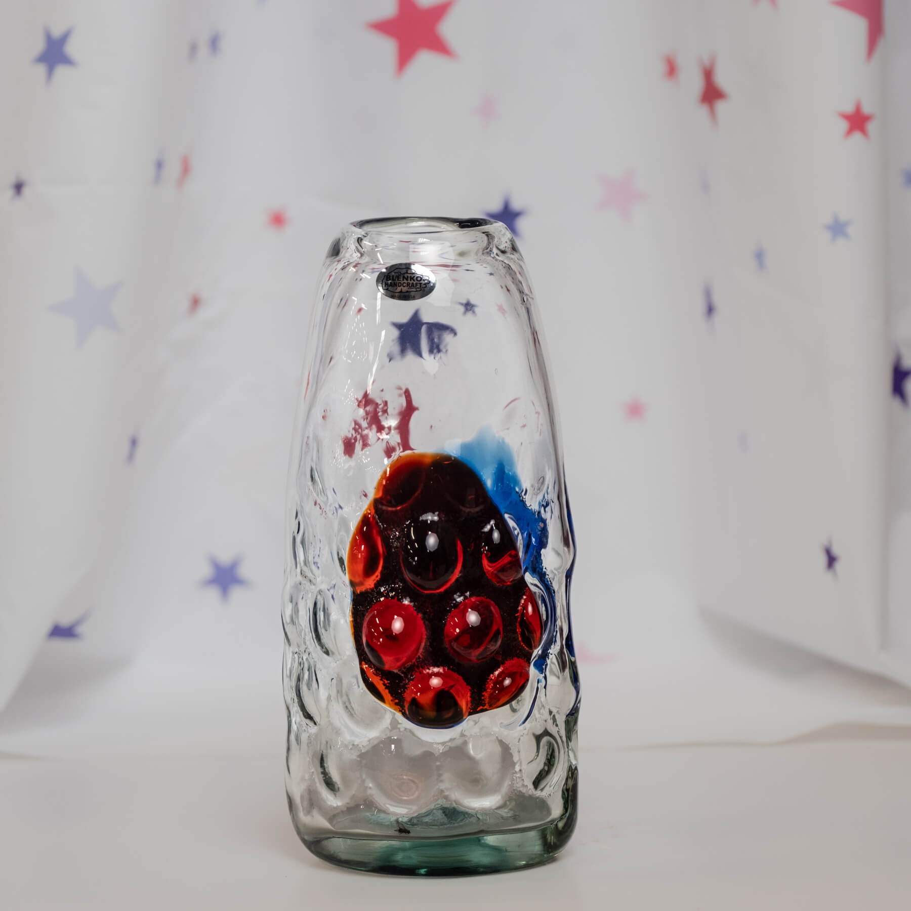 Textured Bullet Vase - Crystal with Ruby and Cobalt Dollops