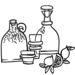 Black and white illustration of bottles, a glass, and fruits on a white background