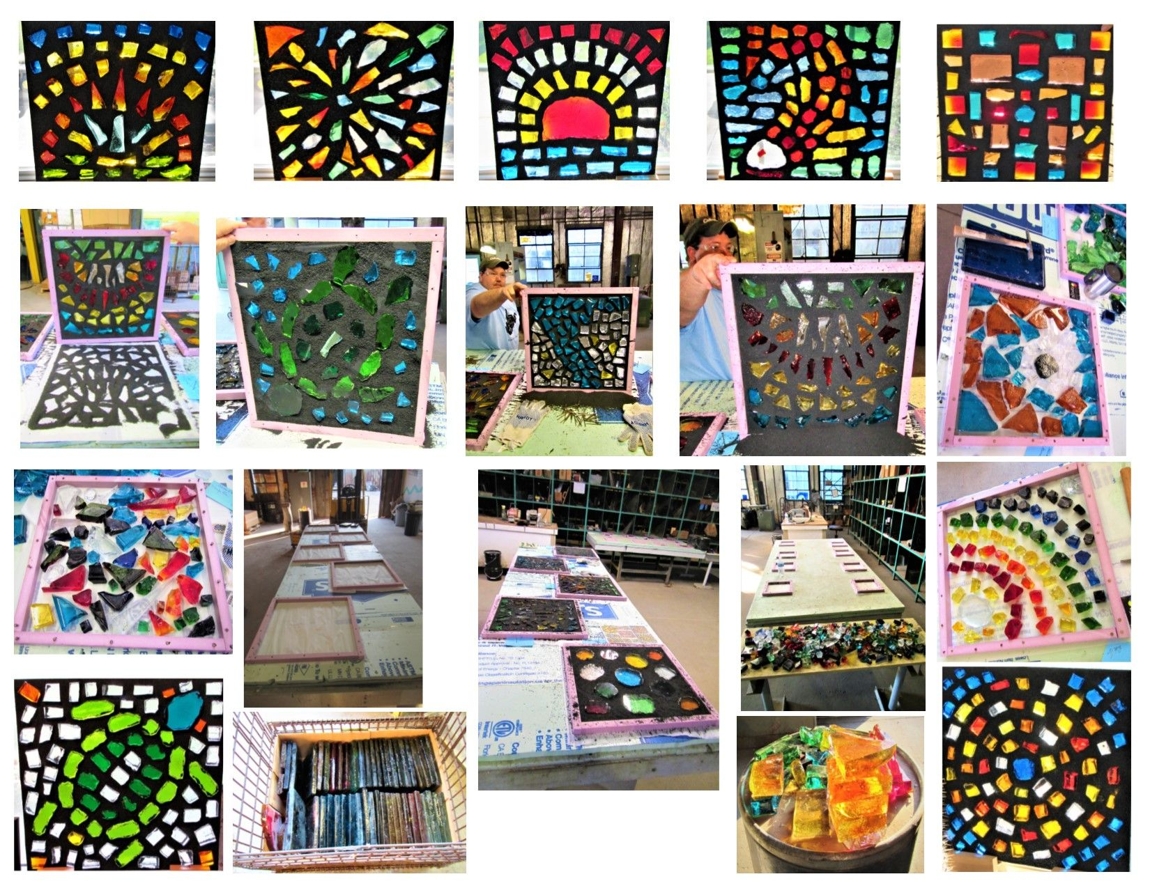 Collage of colorful stained glass art projects and materials.