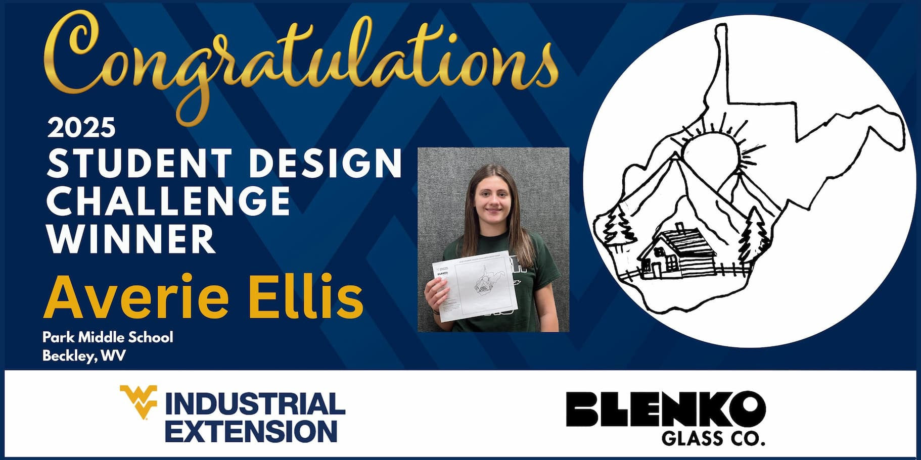 Promotional banner for Averie Ellis, winner of the 2025 Student Design Challenge, featuring logos of Industrial Extension and Blenko Glass Co.