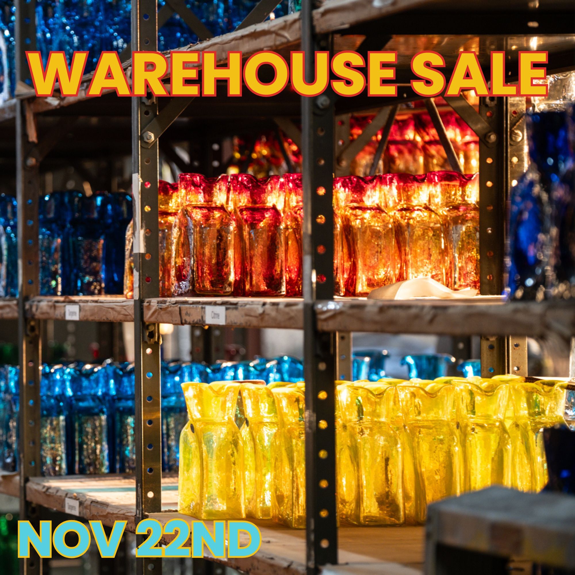 Warehouse sale sign with shelves stocked with bottles and bags, and a date overlay.