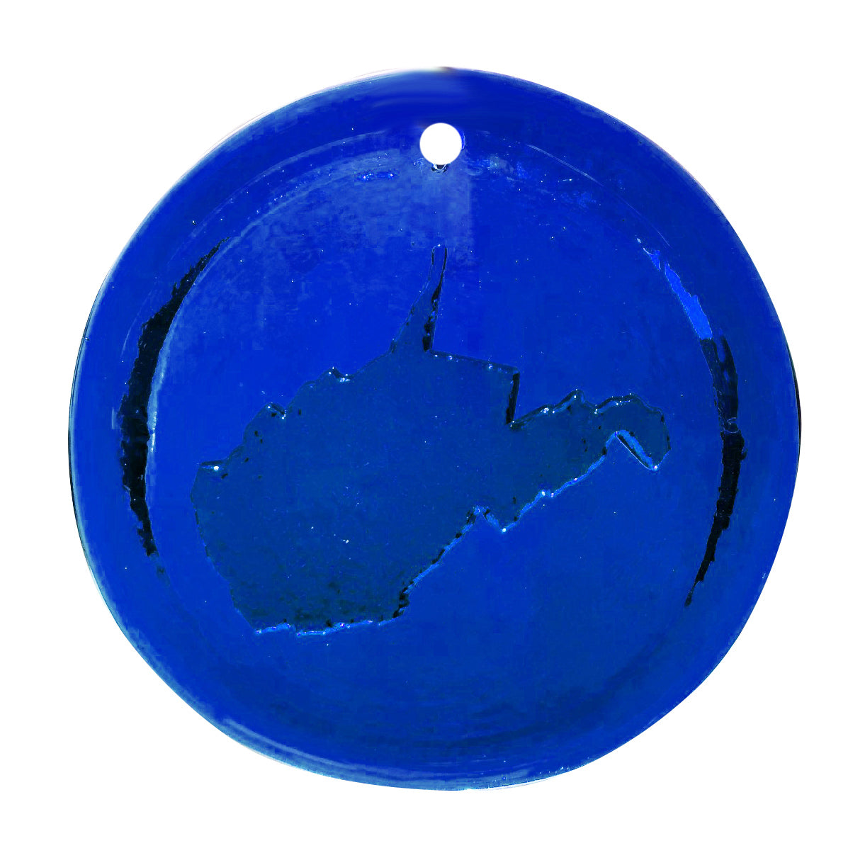 blue sun catcher with outline of WV on it.