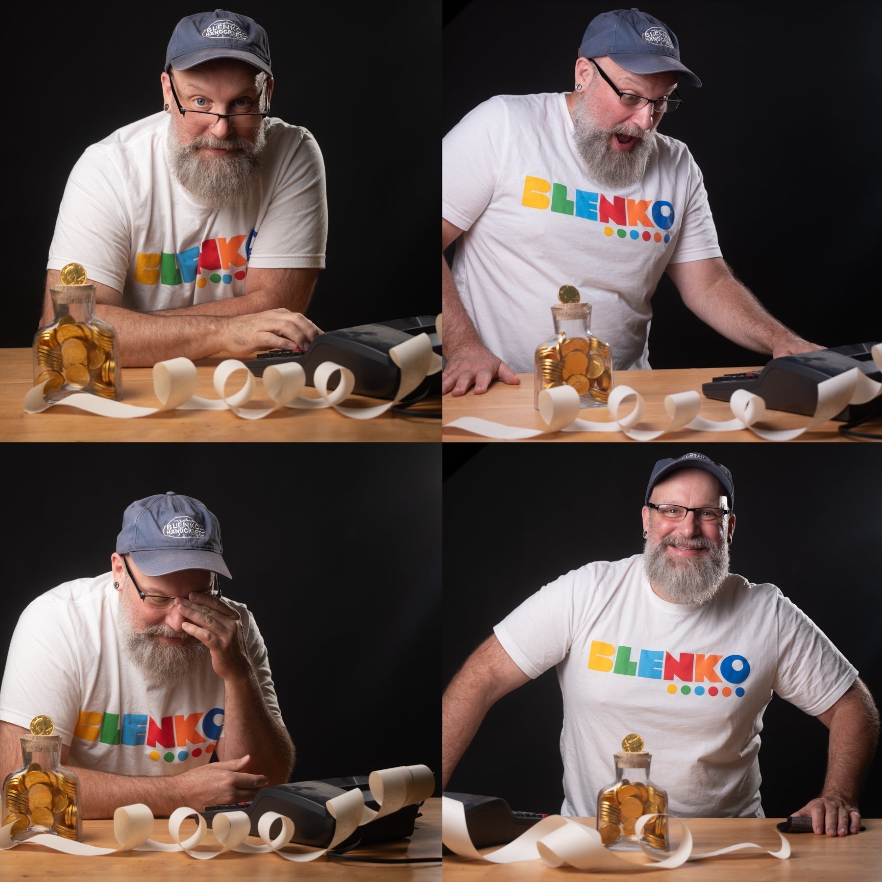 Four images of accountant in white Blenko shirt