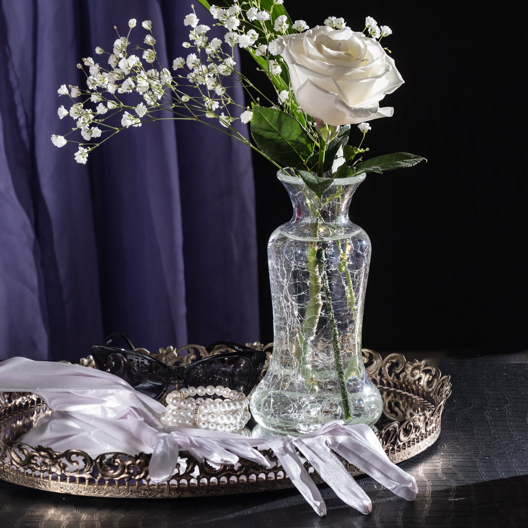 Crystal vase with white rose flower 