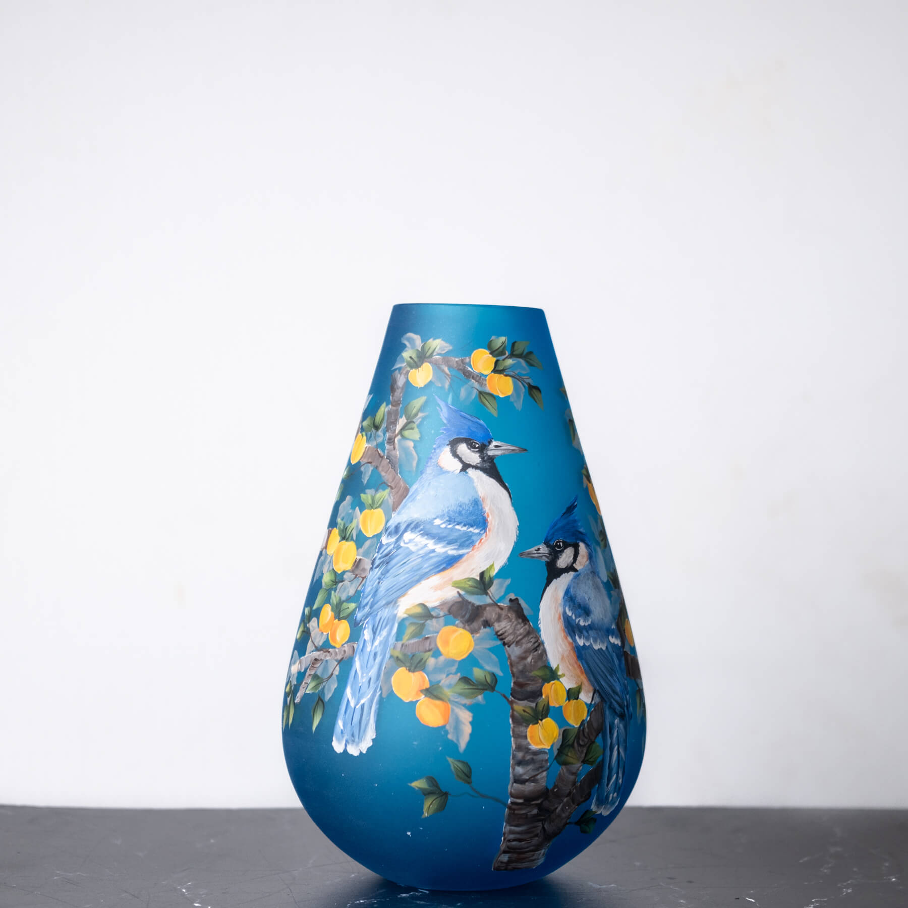 Turquoise Drop Vase with Blue Jays