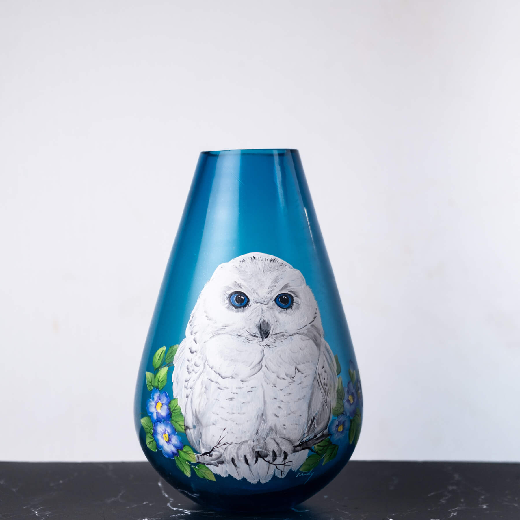 Turquoise Drop Vase with White Owl