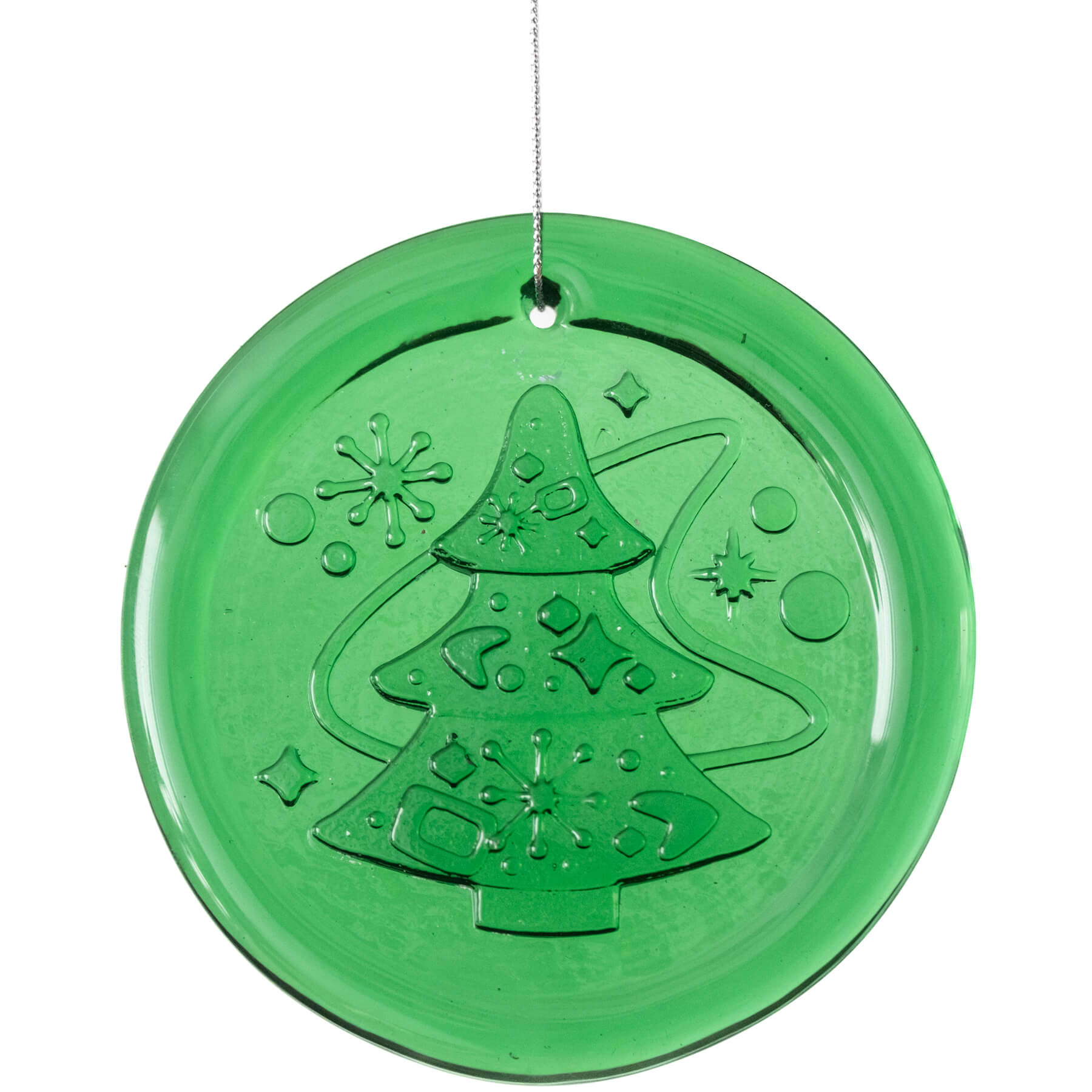 Green Christmas tree ornament on a white background