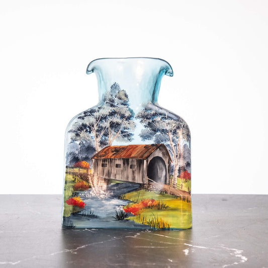 Ice Blue Water Bottle with Covered Bridge Scene