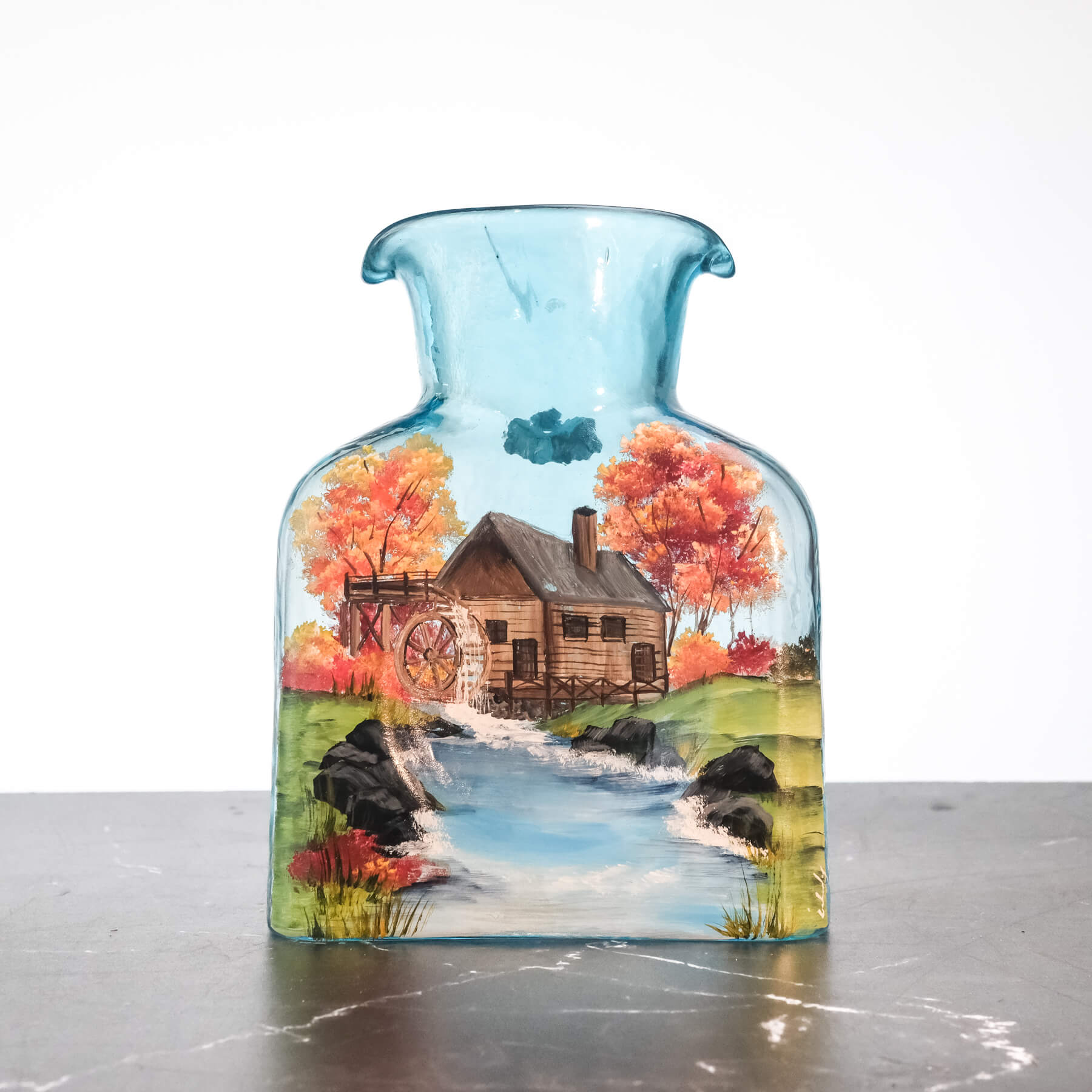 Ice Blue Water Bottle with Cabin and Mill Scene