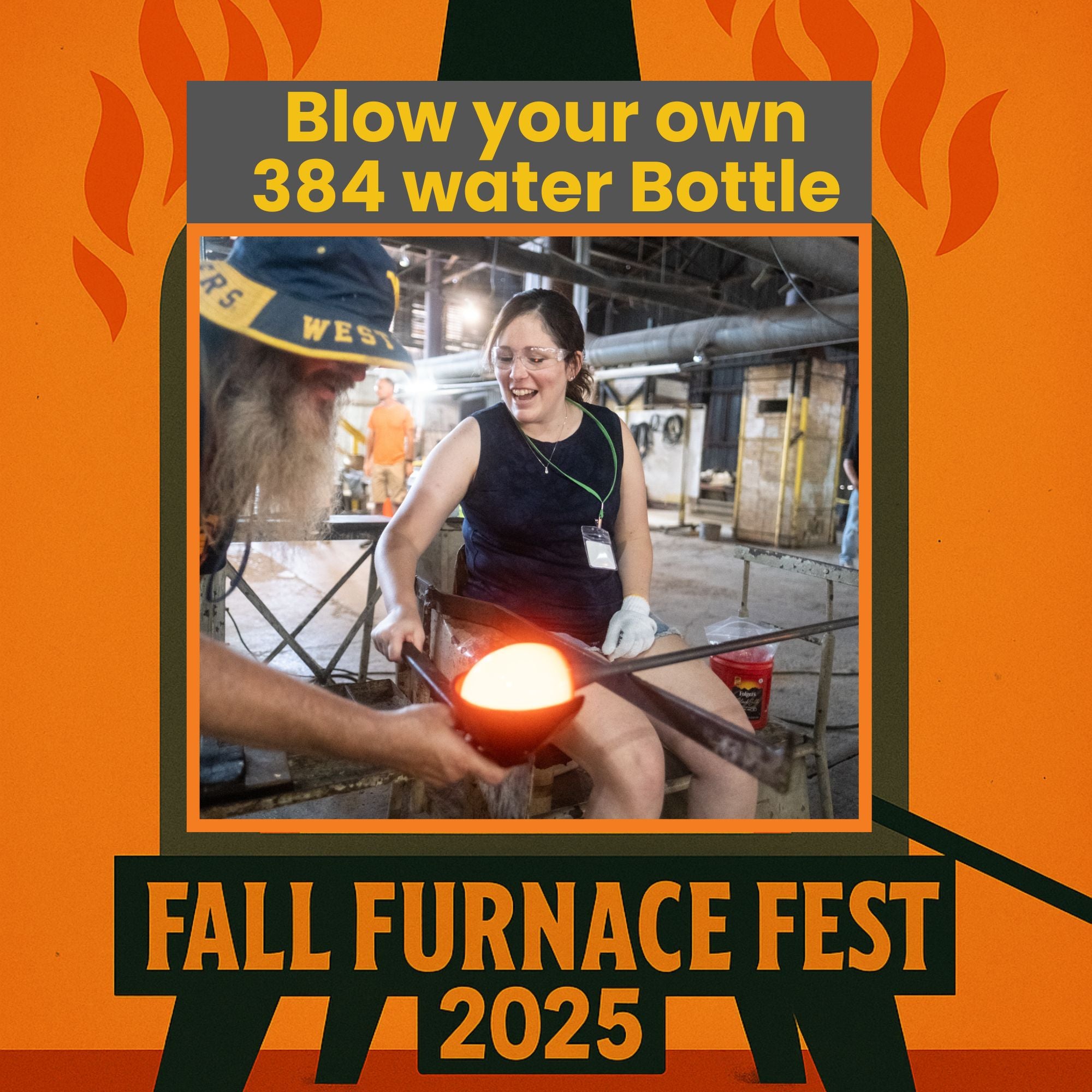 Promotional poster for Fall Furnace Fest 2025 with a glassblowing activity and text.