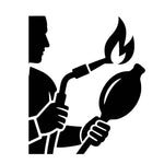 Black silhouette of a person holding a torch with flame on a white background