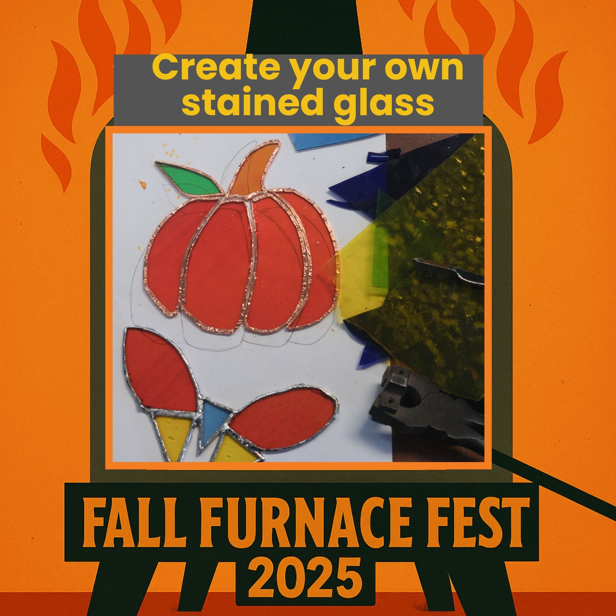Promotional graphic for Fall Furnace Fest 2025 with a stained glass pumpkin design.