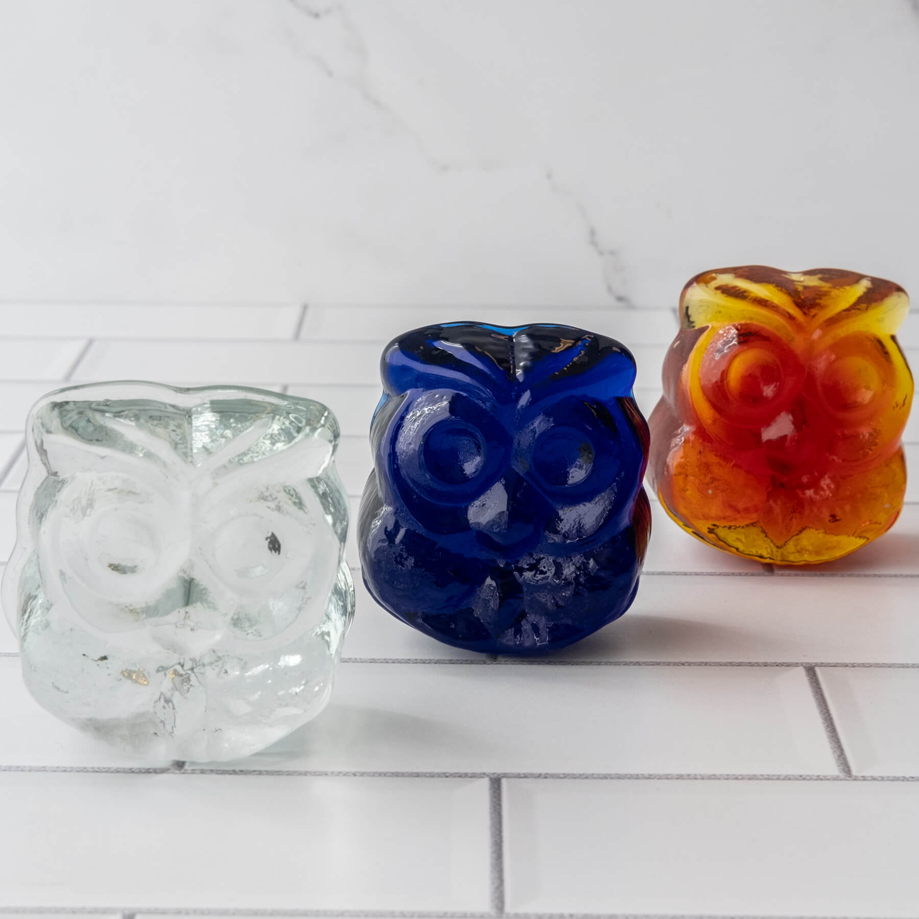 3 glass owl figurines