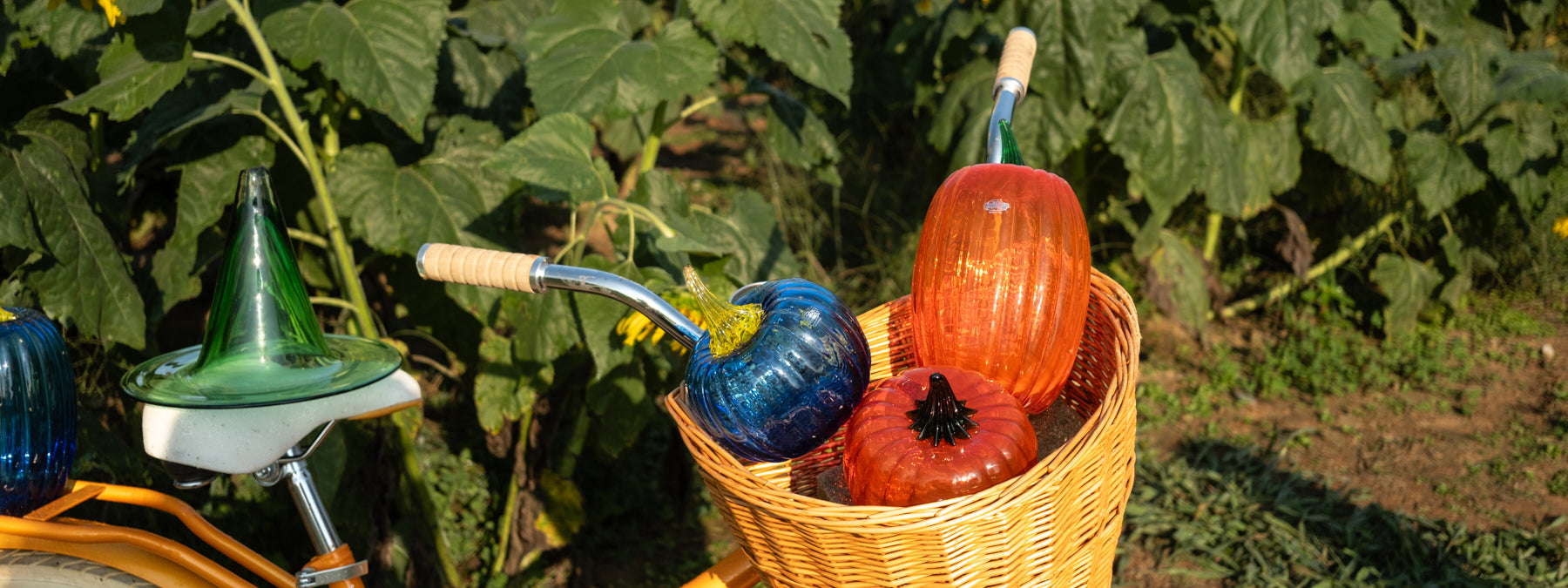 A wicker basket filled with colorful glass pumpkins and gourds, attached to the front of a bicycle outdoors in a sunlit garden with large green leaves in the background.