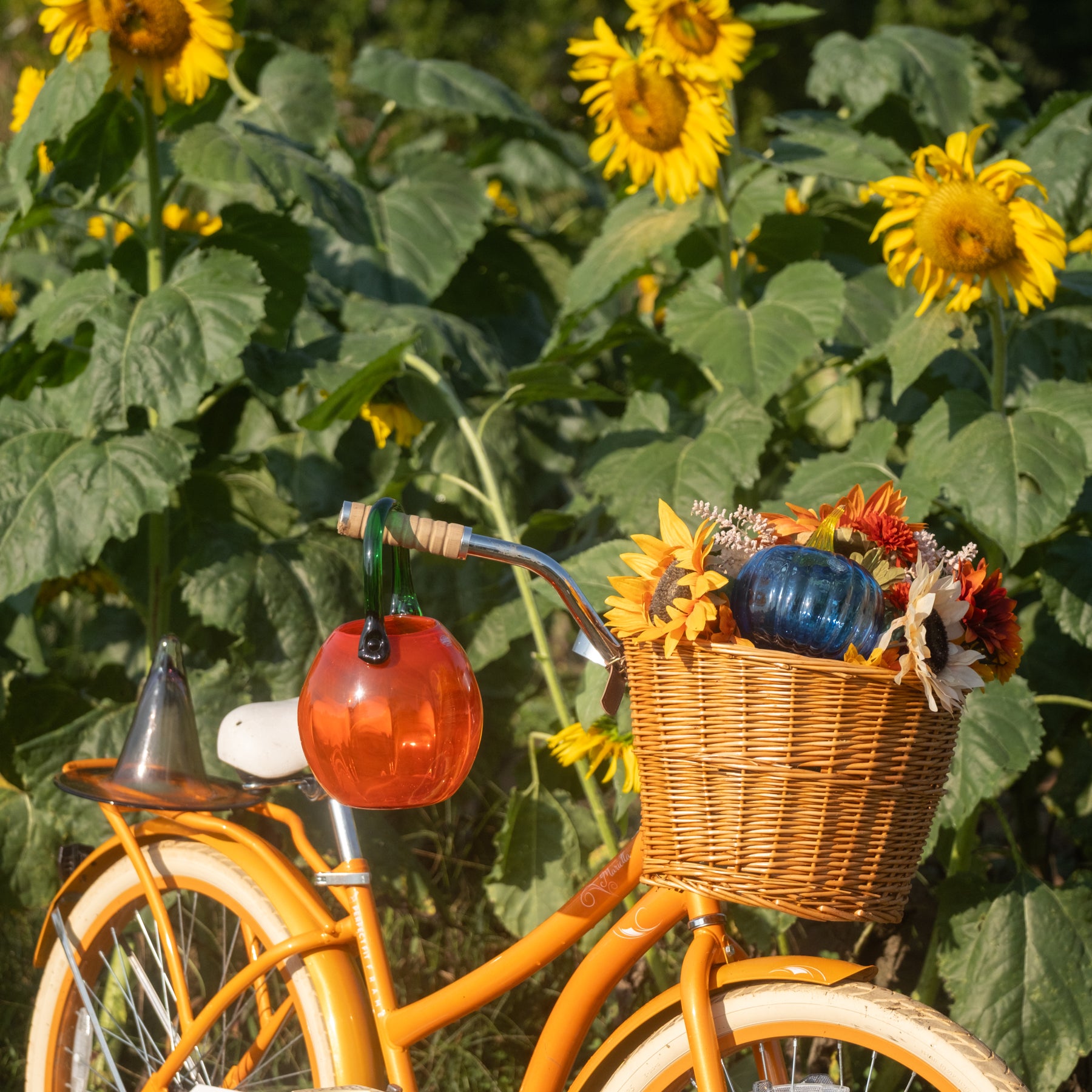 An orange bicycle in a sunflower field, decorated with a wicker basket holding a blue pumpkin and dried flowers, and an orange glass pumpkin hanging from the handlebar.