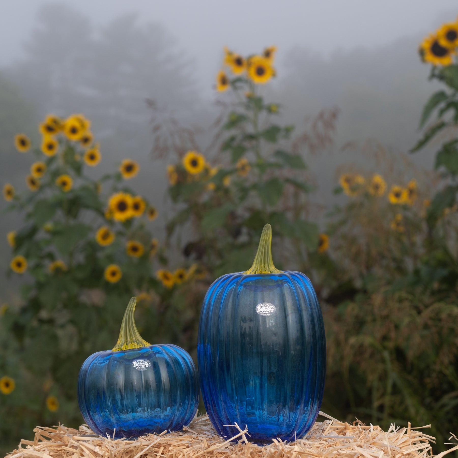 Two ribbed cobblestone-style glass pumpkins in translucent blue with pale green stems, displayed on a bed of straw with a misty sunflower field in the background.
