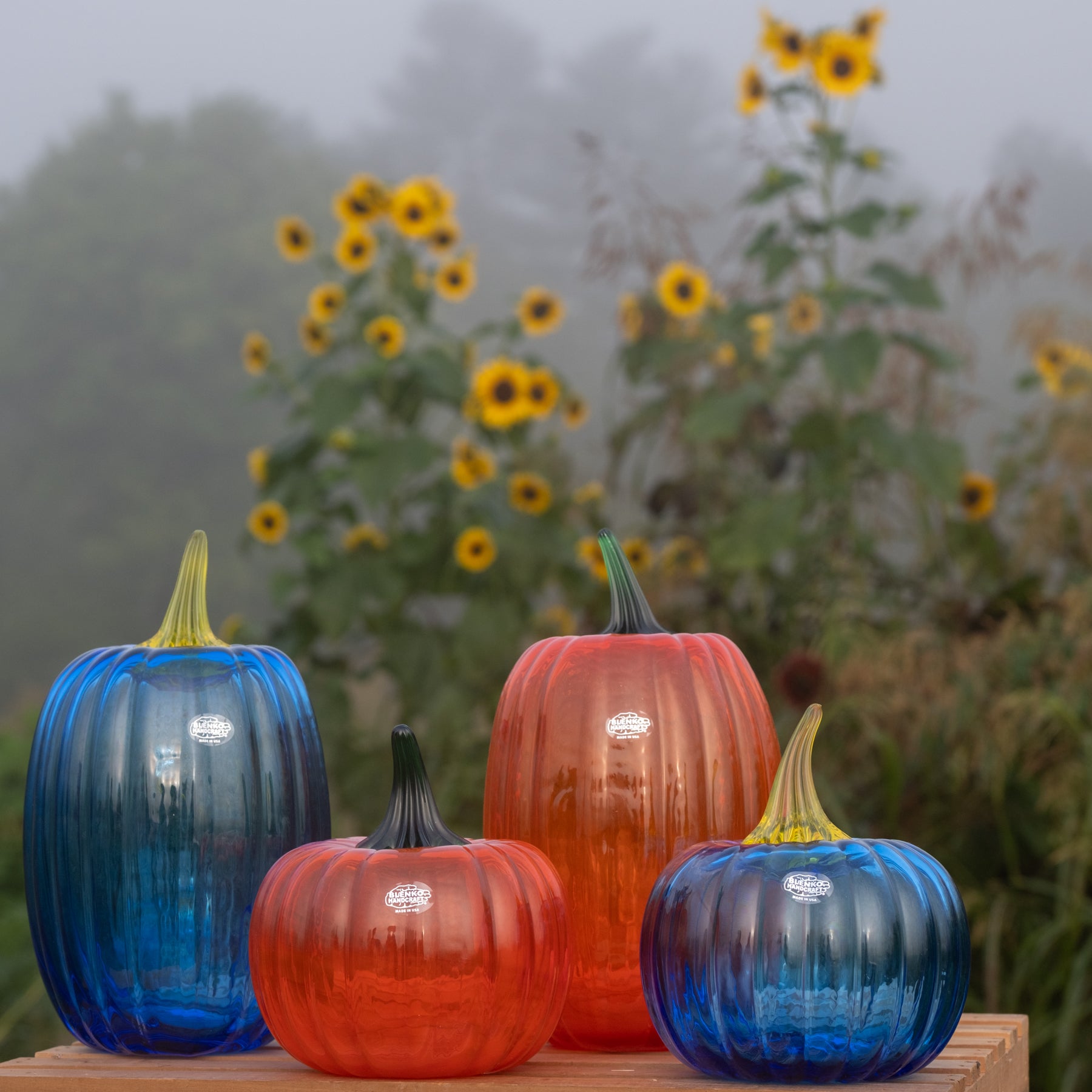 Four ribbed glass pumpkins in blue, orange, and red shades with yellow and green stems, arranged on a wooden surface with a misty sunflower field in the background.