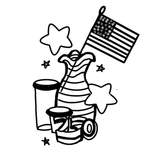 Black and white illustration of a bottle with an American flag, stars, and a cup.