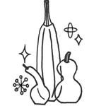 Black and white line drawing of a bottle and two gourds with decorative elements on a white background