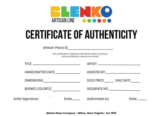 Blenko Artisan Program Certificate of Authenticity