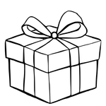 Black and white line drawing of a gift box with a bow