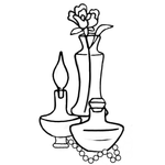 Black and white line drawing of a candle, vase with flowers, and perfume bottle.