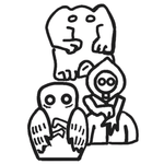 Black and white illustration of three cartoon characters with different animal heads on a white background
